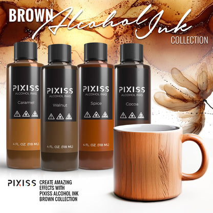 Pixiss Brown Alcohol Ink Set 4 Pack 4oz Bottles with Mini Squeeze Bottles Alcohol Ink for Epoxy Resin Yupo Paper Tumblers Coasters Resin Colorant for Resin Art Supplies