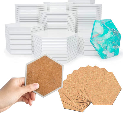 PIXISS Glazed Hexagon Ceramic Coaster/Tiles with Cork Backing - 50PC