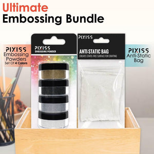 Pixiss Embossing Kit with Anti Static Bag - .15 oz Black, White, Silver, and Gold Embossing Powder Set - for Embossing, Glittering, Card Making, Scrapbooking, and Mixed Media Art