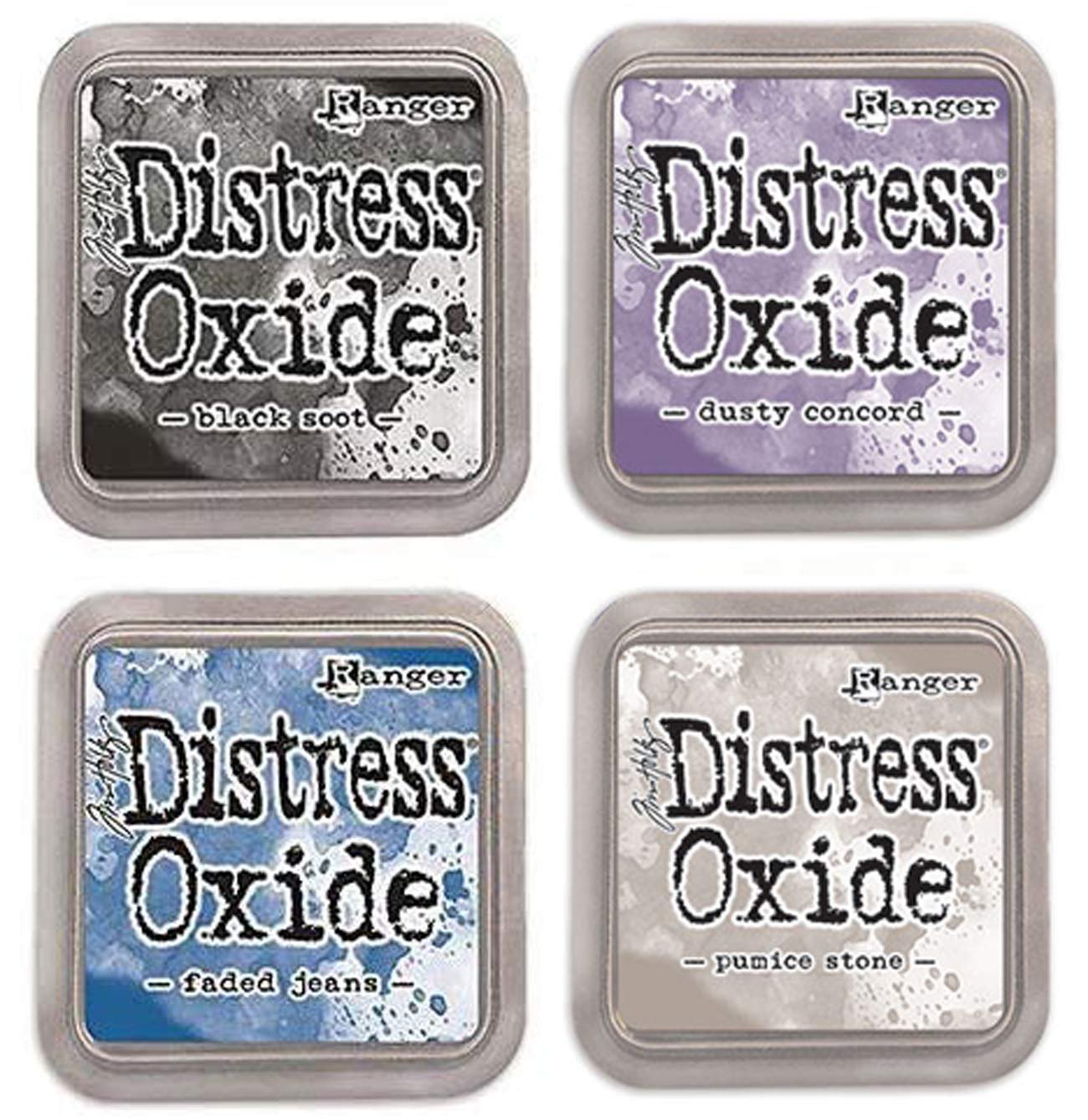 Tim Holtz Ranger Distress Oxide Ink Bundle - Four 3" x 3" Pads (N - Night Sky : Black Soot, Dusty Concord, Faded Jeans, and Pumice Stone)