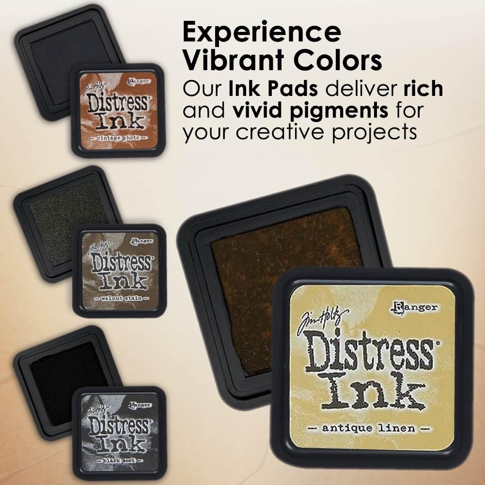 Tim Holtz Distress Oxide Ink Pads and Pixiss Foam Blending Brush Tools - 1"x1" Stamp Pads Antique Linen, Vintage Photo, Walnut Stain, Black Soot for Card Making Tools and Scrapbooking Supplies