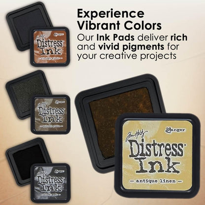 Tim Holtz Distress Oxide Ink Pads and Pixiss Foam Blending Brush Tools - 1"x1" Stamp Pads Antique Linen, Vintage Photo, Walnut Stain, Black Soot for Card Making Tools and Scrapbooking Supplies