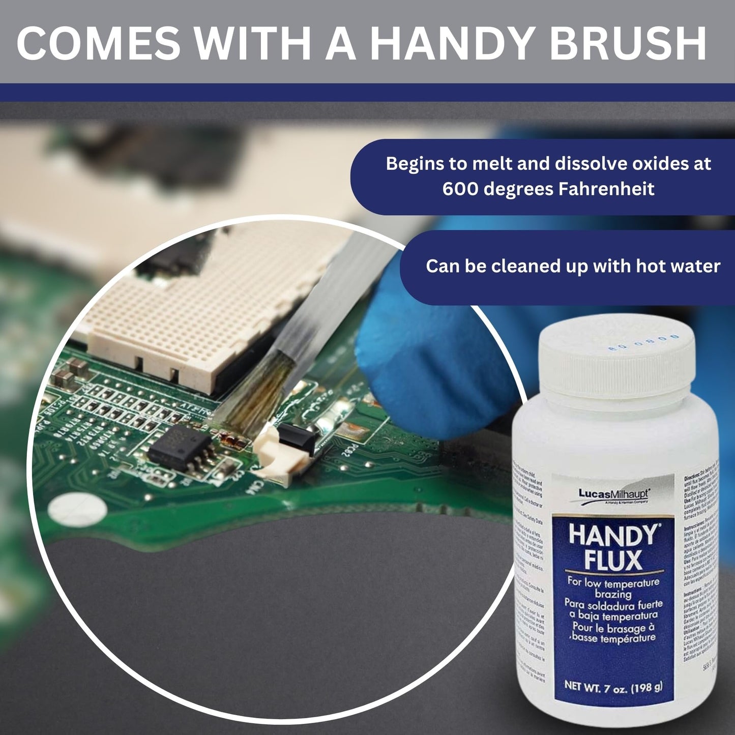 Handy Flux 7oz with 4-Piece Pixiss Scratch Brush Pen Set – Includes Fiberglass, Brass, Steel, and Nylon Brushes for Soldering, Rust Removal, Circuit Board Cleaning, and Polishing