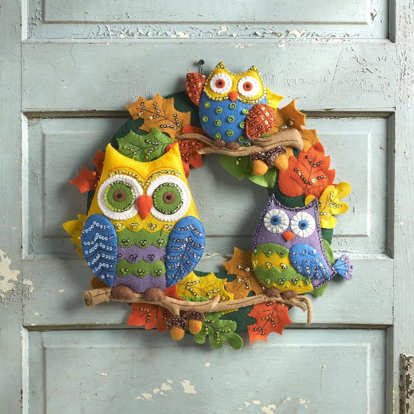 Bucilla Felt Applique Wall Hanging Kit, 17 by 17-Inch, Owl Wreath