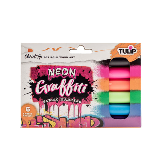 Tulip Graffiti Fabric Markers Chisel Tip 6pk, Neon, Premium Quality Ink, Permanent, Child Safe, for Fabric Painting, Drawing, Coloring, Writing on Clothes