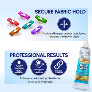 Aleenes Super Fabric Adhesive (2 fl oz) with Pixiss Fabric Clips and Applicator Tips - Water and UV Resistant - Permanent Glue for Clothing, Patches, Quilting - Fast Drying, Non Foaming - Strong Bonds