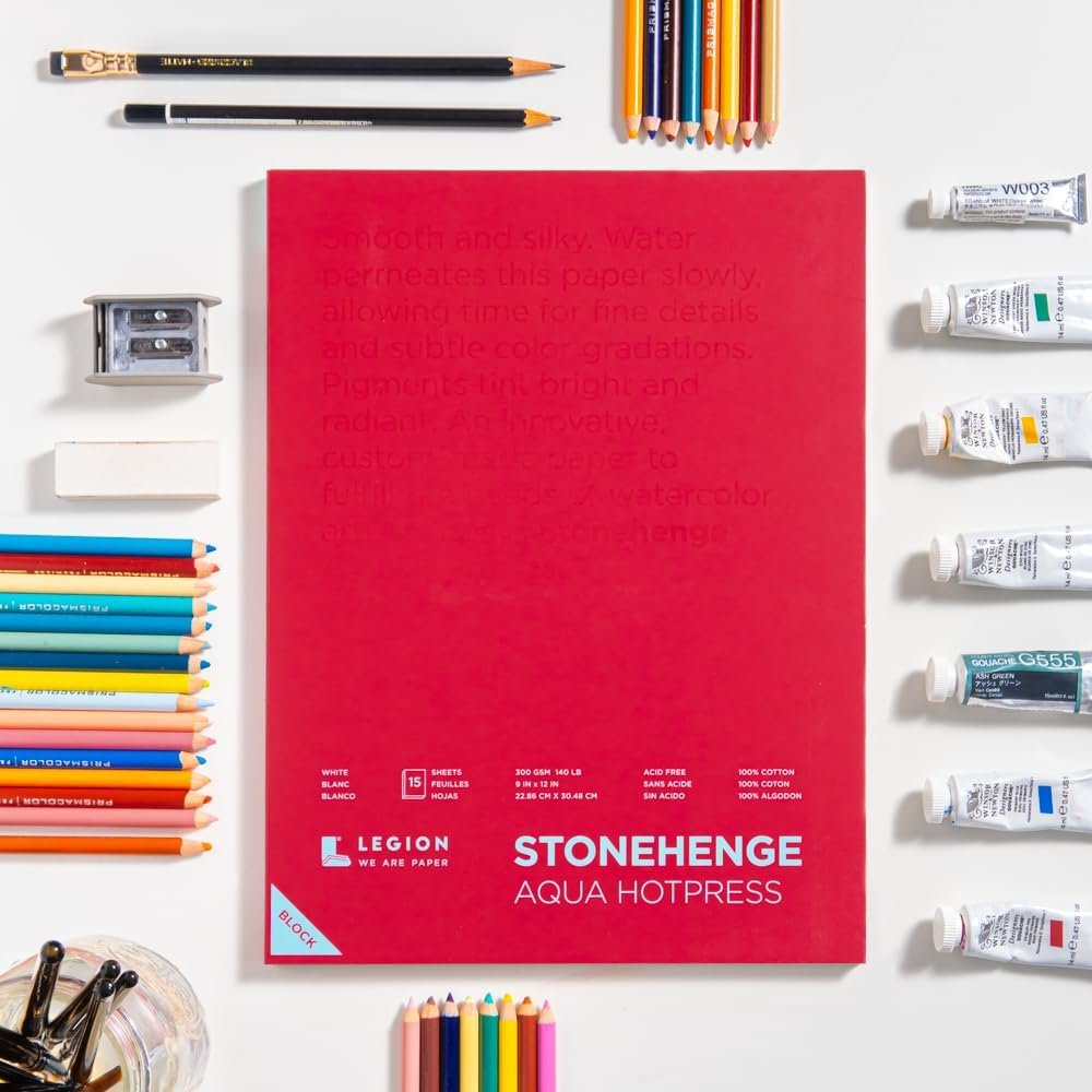 Stonehenge Aqua White Medium Weight Block, 140lb, Hotpress, 15 Sheets for Wet and Dry Media (9X12)