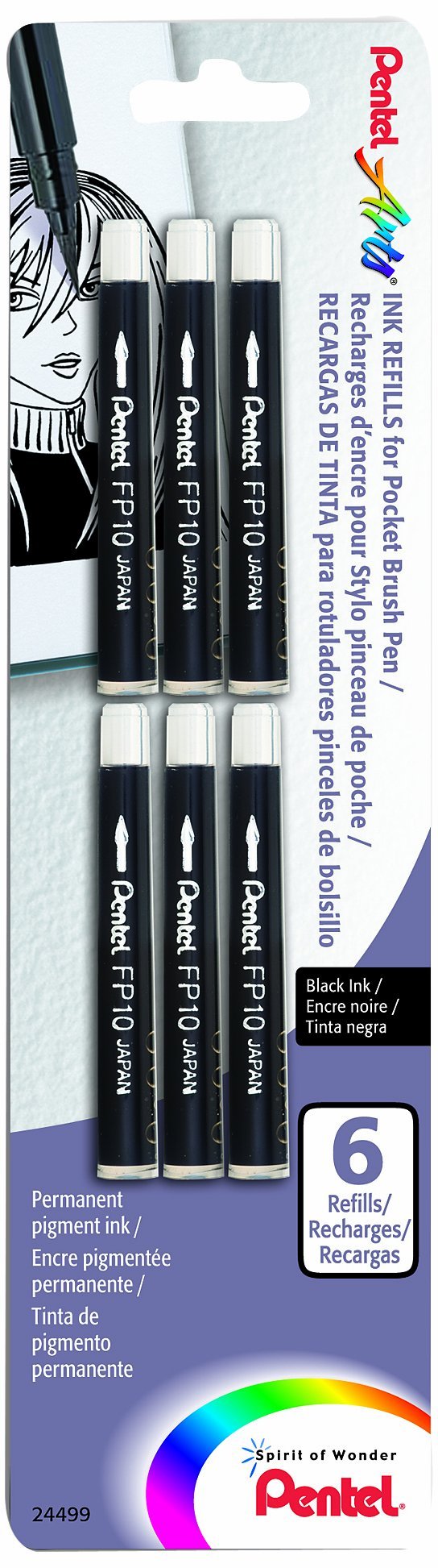 Pentel Arts Pocket Brush Refills, Black Ink, Pack of 6 (FP10BP6A)