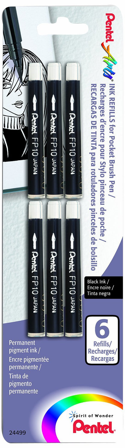 Pentel Arts Pocket Brush Refills, Black Ink, Pack of 6 (FP10BP6A)