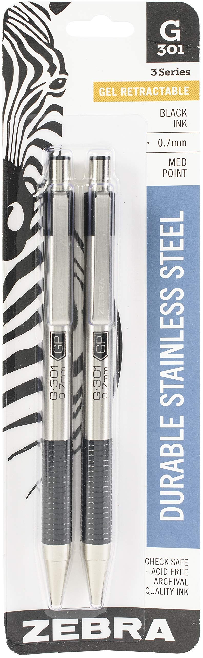 Zebra Pen G-301 Retractable Gel Ink Pen, Stainless Steel Barrel, Medium Point, 0.7mm, Black Ink, 2-Pack