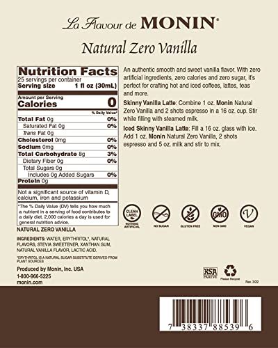 Monin Vanilla Zero Calorie Natural Flavoring, 750 ml bottle