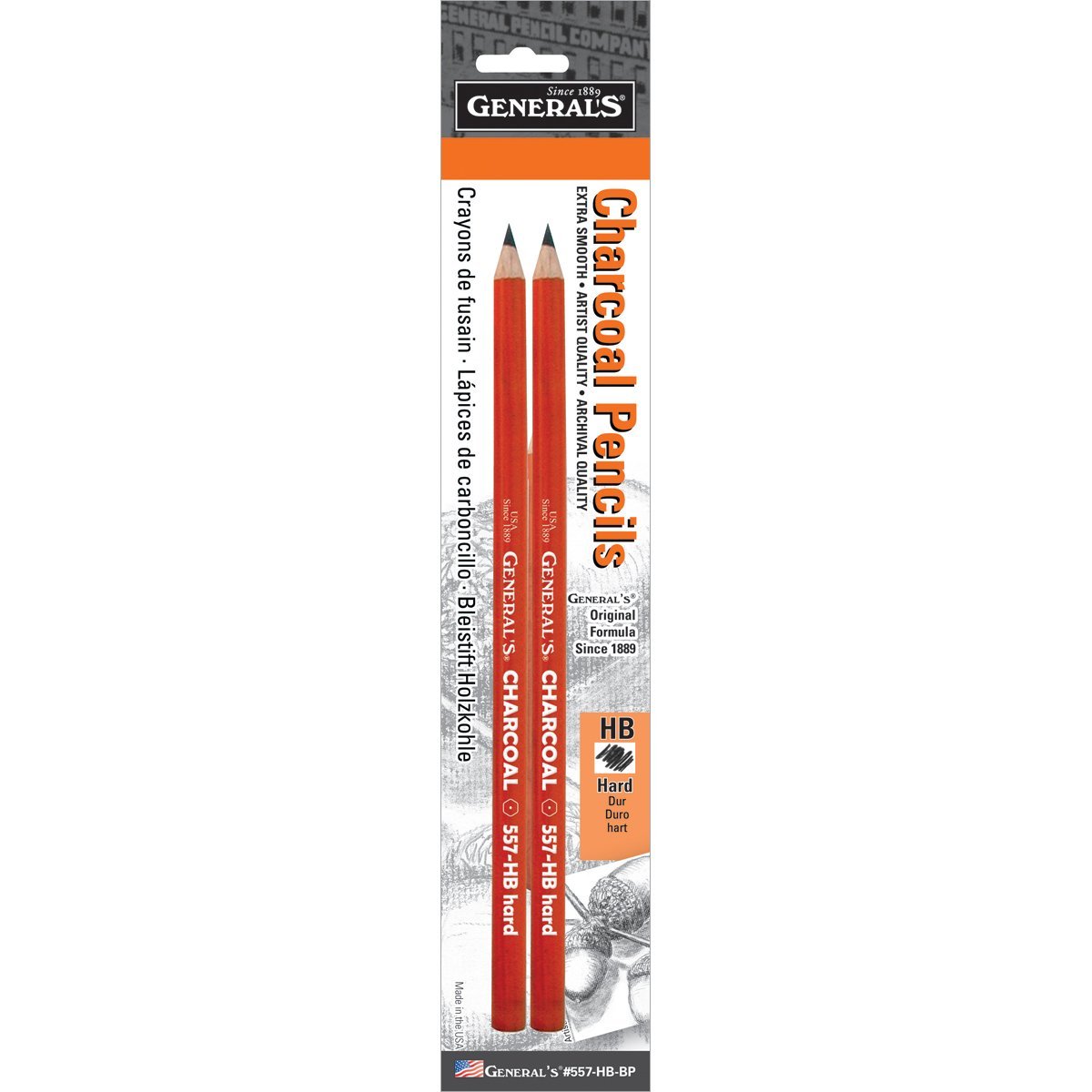 General Pencil 557-HB-BP Generals Charcoal Pencil HB 2 Each, 2 Count (Pack of 1), Multicolor