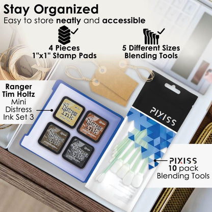 Tim Holtz Distress Oxide Ink Pads and Pixiss Foam Blending Brush Tools - 1"x1" Stamp Pads Antique Linen, Vintage Photo, Walnut Stain, Black Soot for Card Making Tools and Scrapbooking Supplies