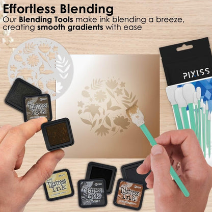 Tim Holtz Distress Oxide Ink Pads and Pixiss Foam Blending Brush Tools - 1"x1" Stamp Pads Antique Linen, Vintage Photo, Walnut Stain, Black Soot for Card Making Tools and Scrapbooking Supplies