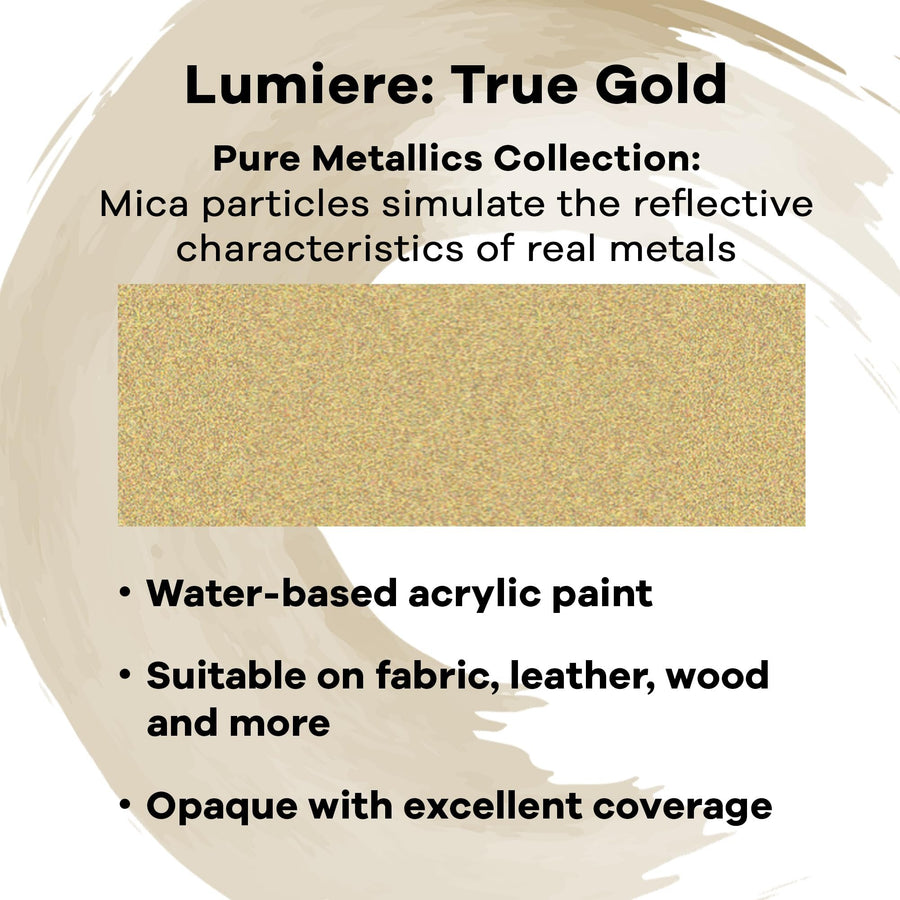 Jacquard Lumiere 2.25oz Fabric Paint True Gold - Metallic Paint for Fabric, Leather, Canvas, Paper and Wood - Light-bodied Metallic Acrylic Paint - Lightfast & Vibrant Metallic Acrylic Paints