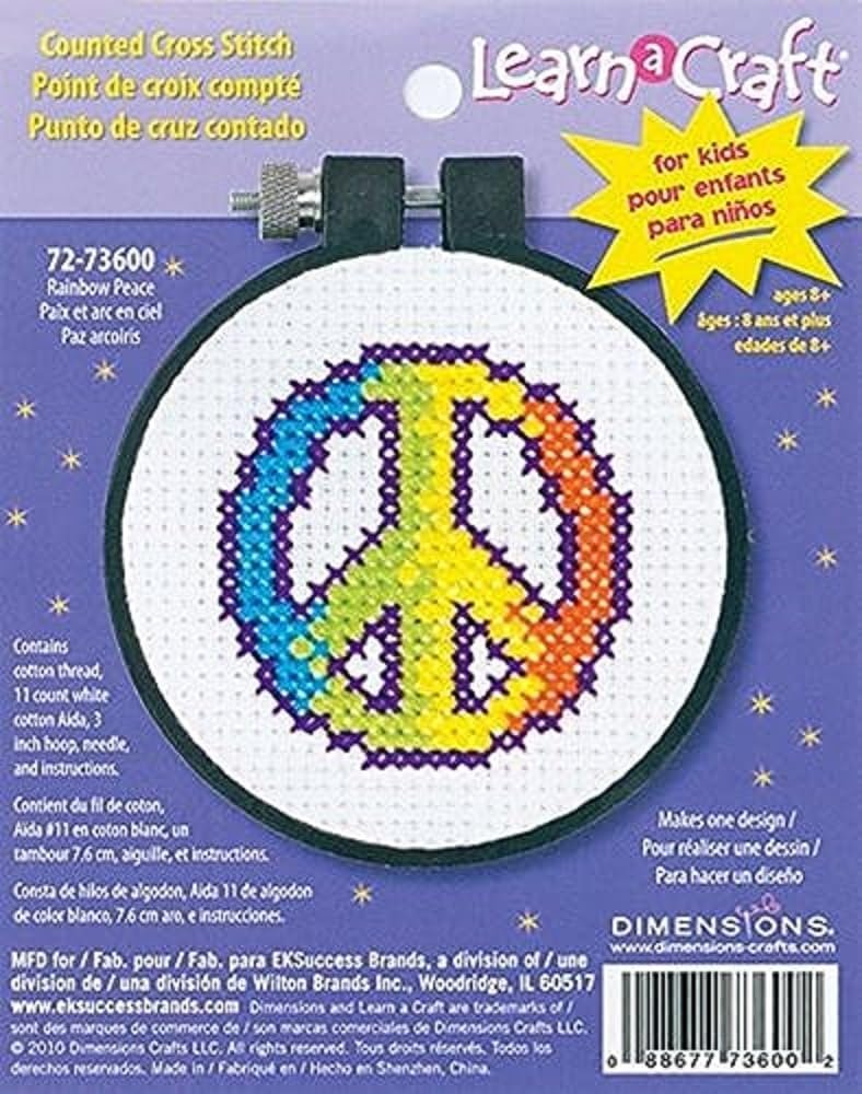 Dimensions Learn-A-Craft 'Rainbow Peace' Mini Counted Cross Stitch Kit for Beginners, 3'', Small, Multicolored