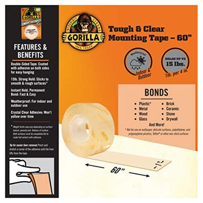 Gorilla Tough & Clear, Double Sided Mounting Tape, Weatherproof, 1" x 60", Clear, (Pack of 1)