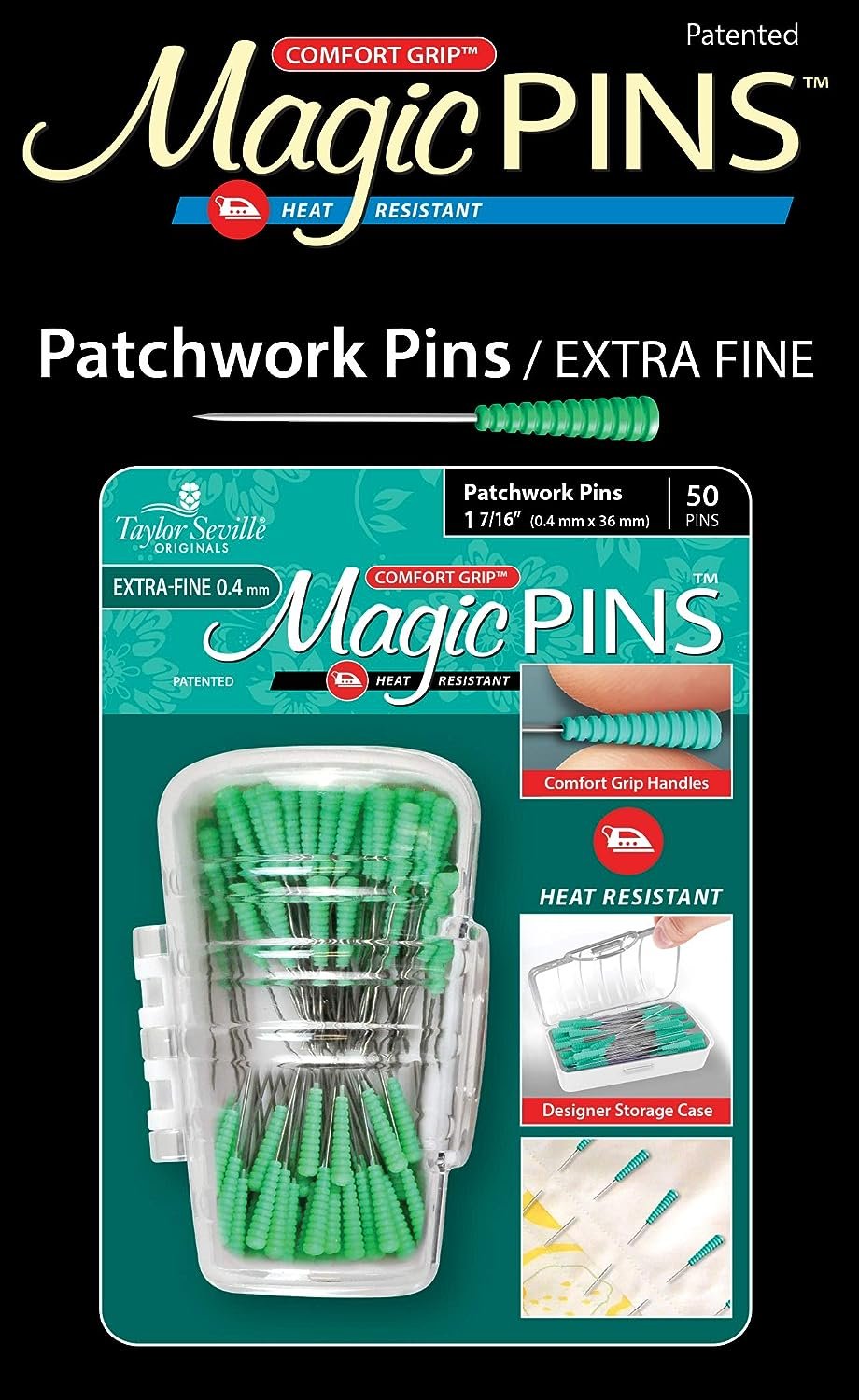 Taylor Seville Originals Comfort Grip Magic Pins Patchwork Extra Fine -Quilting Supplies-Sewing Supplies-Sewing Notions-50 Count