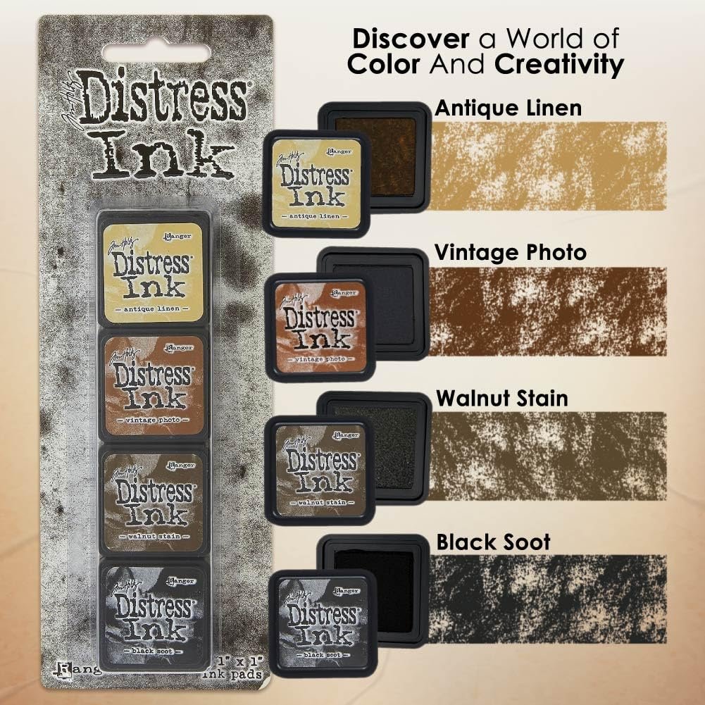 Tim Holtz Distress Oxide Ink Pads and Pixiss Foam Blending Brush Tools - 1"x1" Stamp Pads Antique Linen, Vintage Photo, Walnut Stain, Black Soot for Card Making Tools and Scrapbooking Supplies