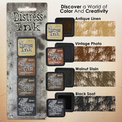 Tim Holtz Distress Oxide Ink Pads and Pixiss Foam Blending Brush Tools - 1"x1" Stamp Pads Antique Linen, Vintage Photo, Walnut Stain, Black Soot for Card Making Tools and Scrapbooking Supplies