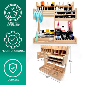 Pixiss Wooden Model Kit Organizer Rack – MDF Paint Rack and Tool Holder for Tamiya, Vallejo Paints, Brushes, and Accessories – Space-Saving DIY Assembly Storage Solution