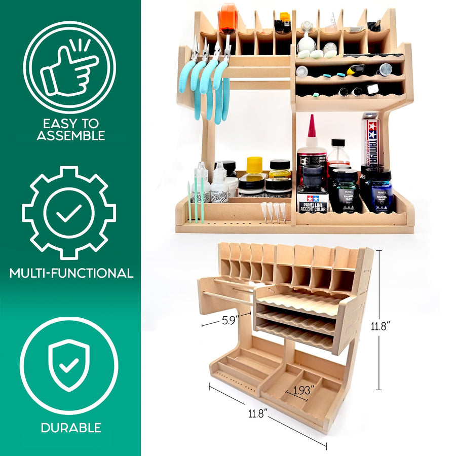 Pixiss Wooden Model Kit Organizer Rack – MDF Paint Rack and Tool Holder for Tamiya, Vallejo Paints, Brushes, and Accessories – Space-Saving DIY Assembly Storage Solution