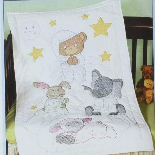 Jack Dempsey Needle Art Praying Bear and Friends Baby Quilt, 40" x 60", White