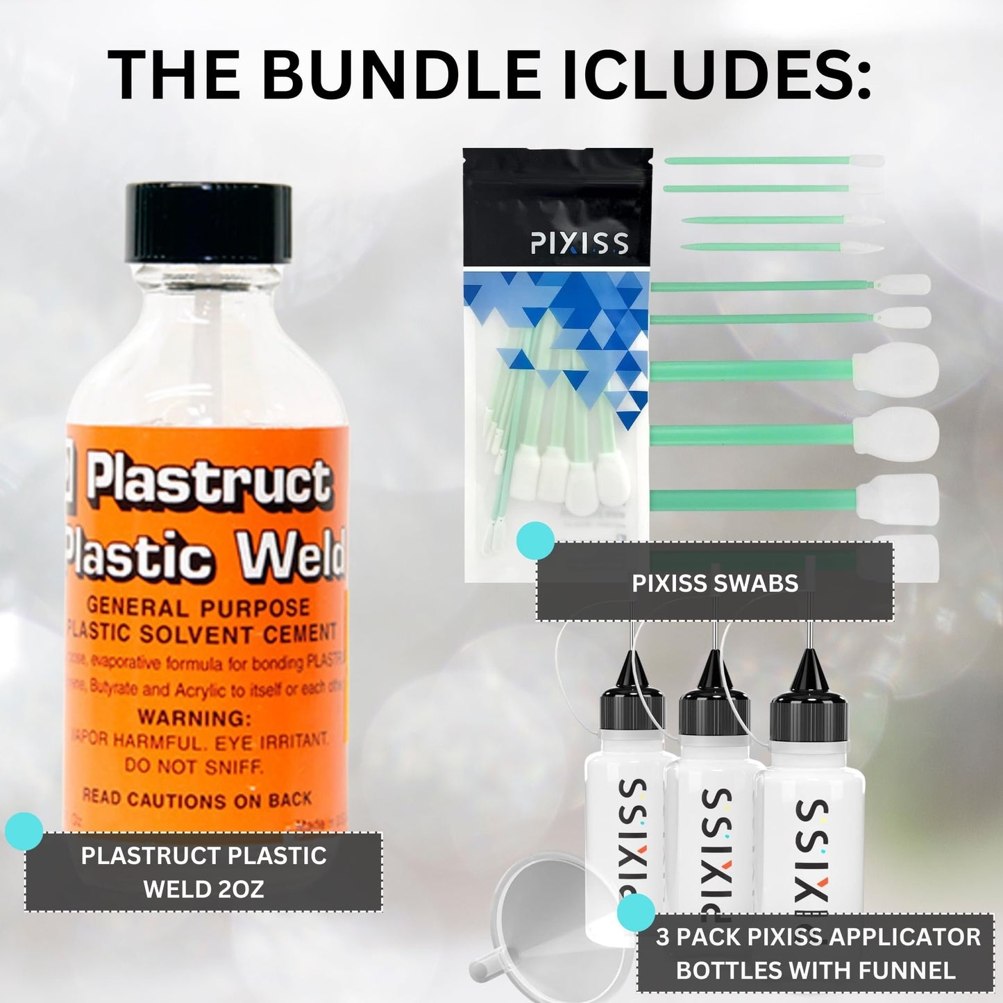 Plastruct Plastic Weld with 3 Pixiss Needle Tip Bottles, Small Funnel, and Pixiss Swabs – Ultimate Plastic Cement and Adhesive Kit for Model Building, Repairs, and Craft Projects