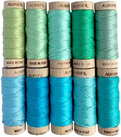 Aurifil Susan Ache Seaside Blues Thread Set 10 sm spools 6 Strand Floss, Assorted Colors