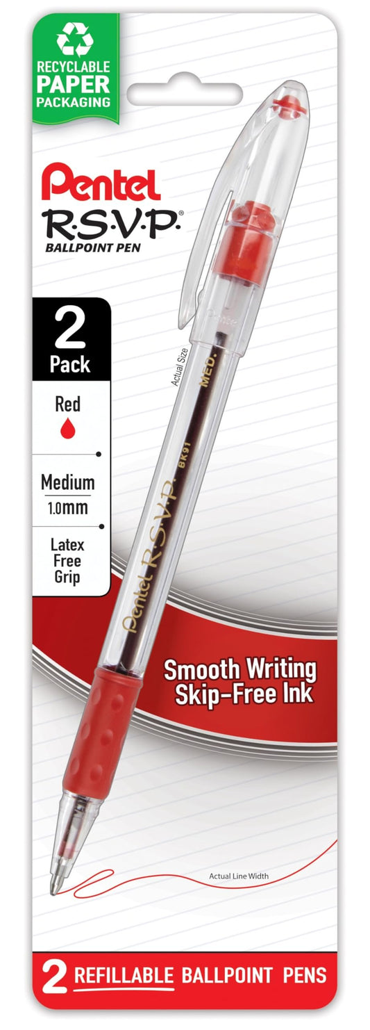 Pentel R.S.V.P. Ballpoint Pen, Medium Line, Red Ink, 2/Pack (BK91BP2B)