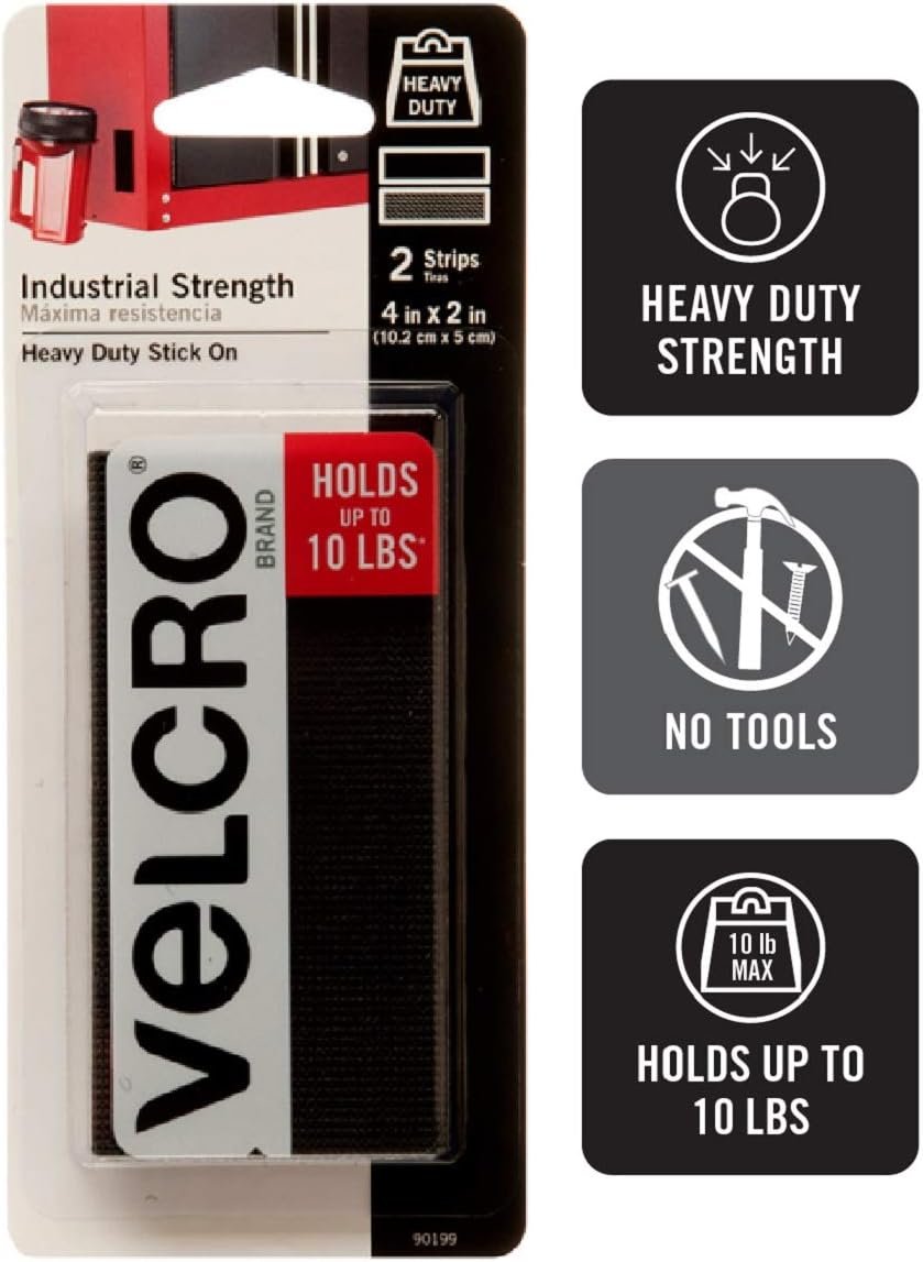 VELCRO Brand Industrial Strength Fasteners | Stick-On Adhesive | Professional Grade Heavy Duty Strength Holds up to 10 lbs on Smooth Surfaces | Indoor Outdoor Use | 4 x 2 inch Strips, 2 sets, Black