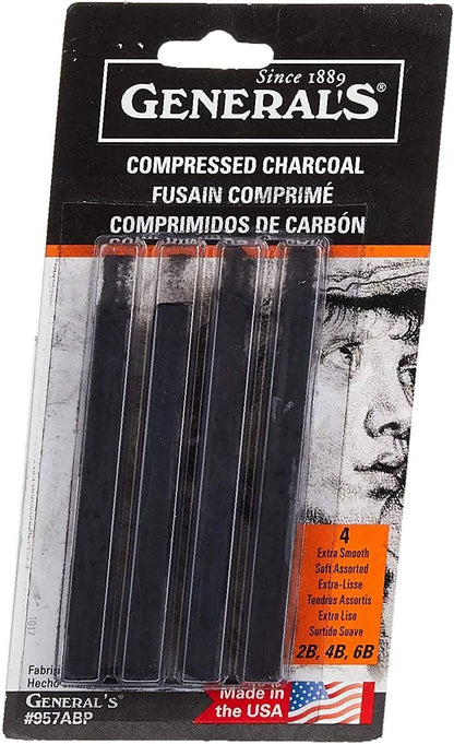 General Pencil 957ABP Compressed Charcoal Sticks 4/Pkg-Black - Soft Assorted - 3 Pack, 957ABP061120-3