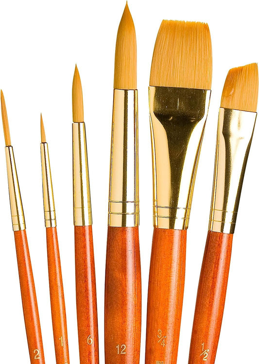 Princeton Real Value, Series 9100, Paint Brush Sets for Acrylic, Oil & Watercolor Painting, Syn-Gold Taklon (Rnd 1, 6, 12 Liner 2, ANG Shader 1/2, Wash 3/4)