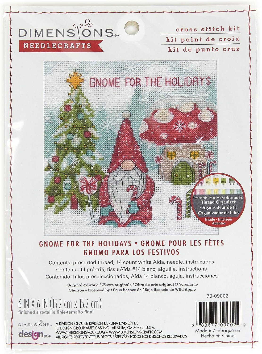 Dimensions 70-09002 Gnome for The Holidays Christmas Counted Cross Stitch Kit, 6" x 6", 14 Cnt. White Aida, 5pcs