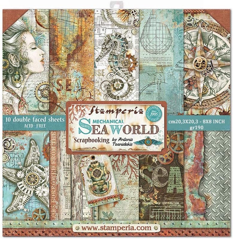STAMPERIA INTERNATIONAL, KFT PAPER PAD 8X8 10PK SEA WORLD, 20.3 x 20.3 (8" x 8"), Multicoloured