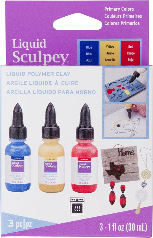 Liquid Sculpey Liquid Polymer Oven-Bake Clay, Primary Sampler Pack, Three 1 oz. bottles included, Red, Blue and Yellow, Great for jewelry, holiday, DIY