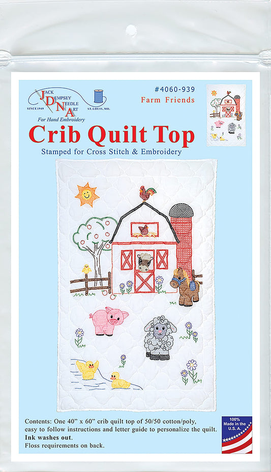 Jack Dempsey WH FRNDS Crib Quilt Tops Farm Friends, White