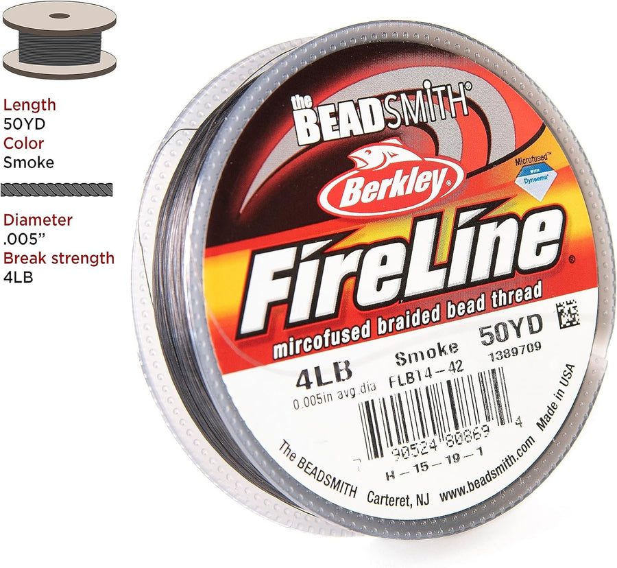 The Beadsmith Fireline by Berkley – Micro-Fused Braided Thread – 4lb. Test, 005”/.12mm Diameter, 50 Yard Spool, Smoke Grey – Super Strong Stringing Material for Jewelry Making and Bead Weaving