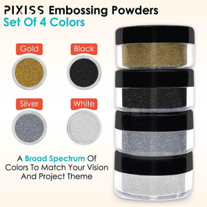 Pixiss Embossing Kit with Anti Static Bag - .15 oz Black, White, Silver, and Gold Embossing Powder Set - for Embossing, Glittering, Card Making, Scrapbooking, and Mixed Media Art