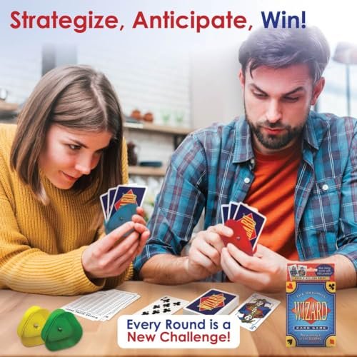 The Original Wizard Cards Game and Card Holder for Playing Cards (4-Pack) - Classic Card Game for Vacations and Game Nights with Hands-Free Cards Holder for Seniors - Wizard Scoring Sheets