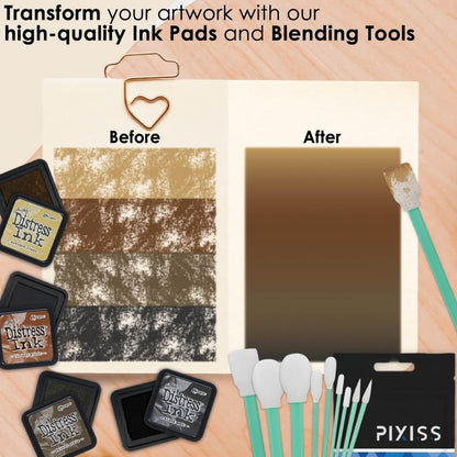Tim Holtz Distress Oxide Ink Pads and Pixiss Foam Blending Brush Tools - 1"x1" Stamp Pads Antique Linen, Vintage Photo, Walnut Stain, Black Soot for Card Making Tools and Scrapbooking Supplies