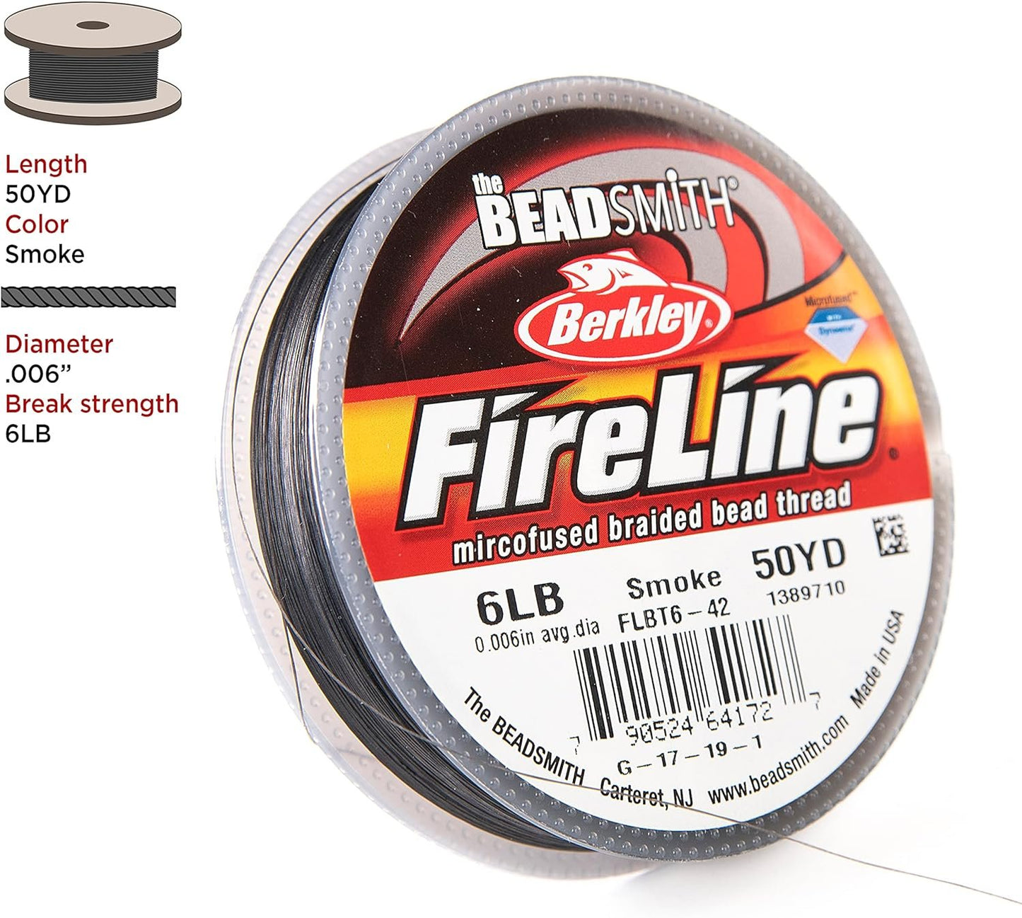 The Beadsmith Fireline by Berkley – Micro-Fused Braided Thread – 6lb. Test, 006”/.15mm Diameter, 50 Yard Spool, Smoke Grey – Super Strong Stringing Material for Jewelry Making and Bead Weaving