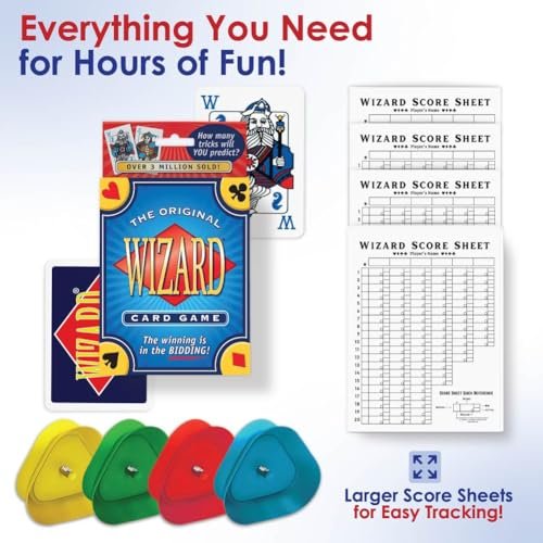 The Original Wizard Cards Game and Card Holder for Playing Cards (4-Pack) - Classic Card Game for Vacations and Game Nights with Hands-Free Cards Holder for Seniors - Wizard Scoring Sheets