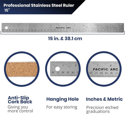 Pacific Arc Stainless Steel Parent Metal Ruler Non-Slip Cork Back, with Inch and Metric Graduations