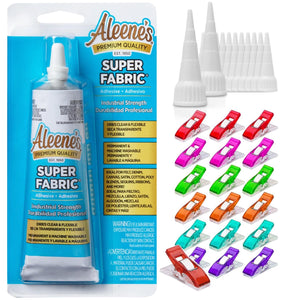 Aleenes Super Fabric Adhesive (2 fl oz) with Pixiss Fabric Clips and Applicator Tips - Water and UV Resistant - Permanent Glue for Clothing, Patches, Quilting - Fast Drying, Non Foaming - Strong Bonds