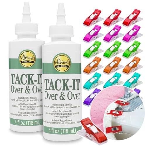 Aleenes Tack-It Over & Over Liquid Glue (2-Pack) (4 oz) + 20 Pixiss Fabric Clips – Perfect for Temporary Fabric Bonding, Crafts, and Appliqué Projects