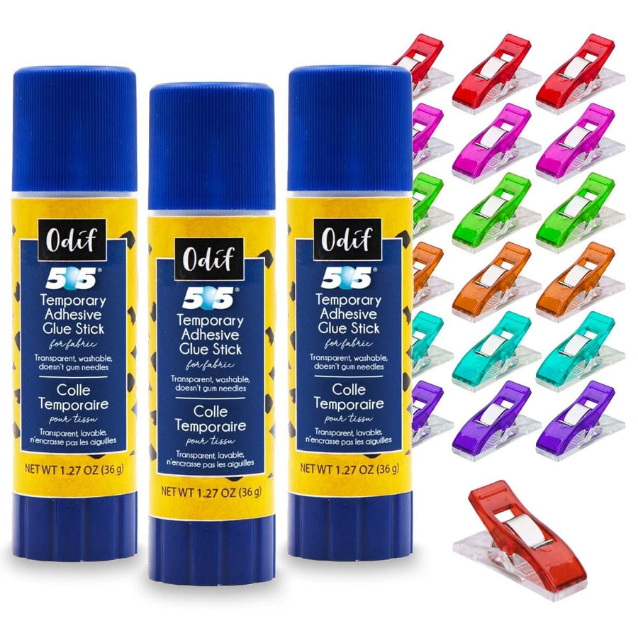 505 Temporary Fabric Glue Sticks (3-Pack) with 20 Pixiss Fabric Clips – Perfect for Sewing, Quilting, Appliqué, and Crafting Projects – Repositionable Adhesive for Fabrics, Fast Drying