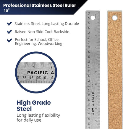Pacific Arc Stainless Steel Parent Metal Ruler Non-Slip Cork Back, with Inch and Metric Graduations