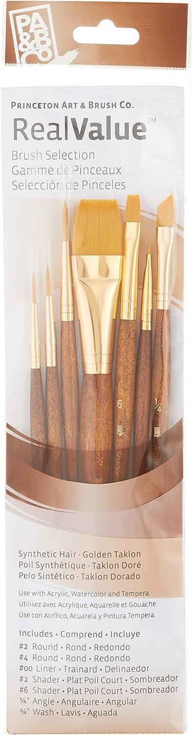 Princeton Art & Brush P9143 Real Value Brush Set, Synthetic Gold Taklon, Round 2 and 4, Liner 2/0, Shader 2 and 6