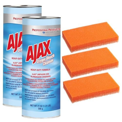 Ajax Oxygen Bleach Cleanser (2-Pack) + 3 Lilazoo Multi-Purpose Scrub Sponges – For Cleaning Porcelain, Ceramic Tile, Pots, Pans, Stainless Steel, Fixtures, and Aluminum